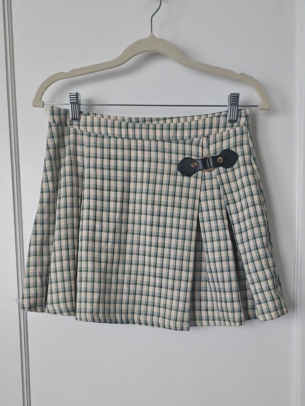 Cider Green Cream Yellow Tartan Plaid Pleated Mini Skirt with Buckle